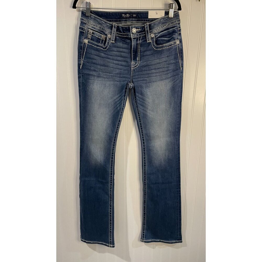 Miss Me Womens Mid-Rise Bootcut Embellished Jeans Size 29x34 Dark Wash
